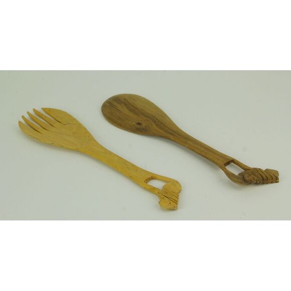 Zeckos - Hand Carved Wood Decorative Lion Handle Salad Server Set - Brown - Picture 2 of 3